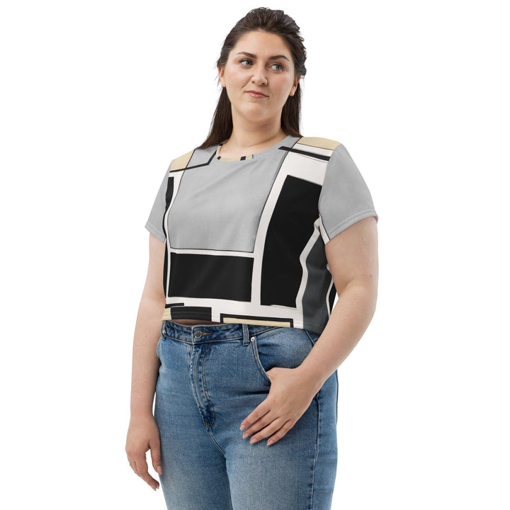 Womens Stretch Fit Crop Tee T-shirt Jersey - Black Grey Abstract Pattern