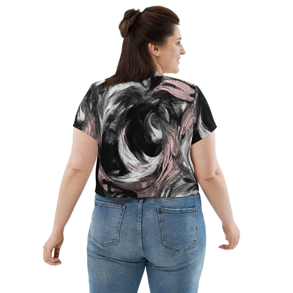 Womens Stretch Fit Crop Tee T-shirt Jersey - Black Pink White Abstract Pattern