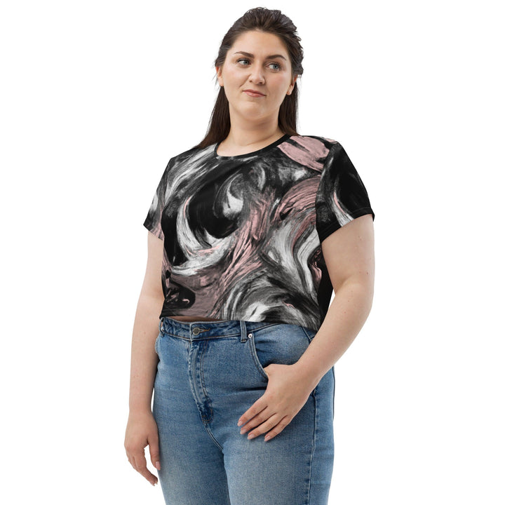 Womens Stretch Fit Crop Tee T-shirt Jersey - Black Pink White Abstract Pattern
