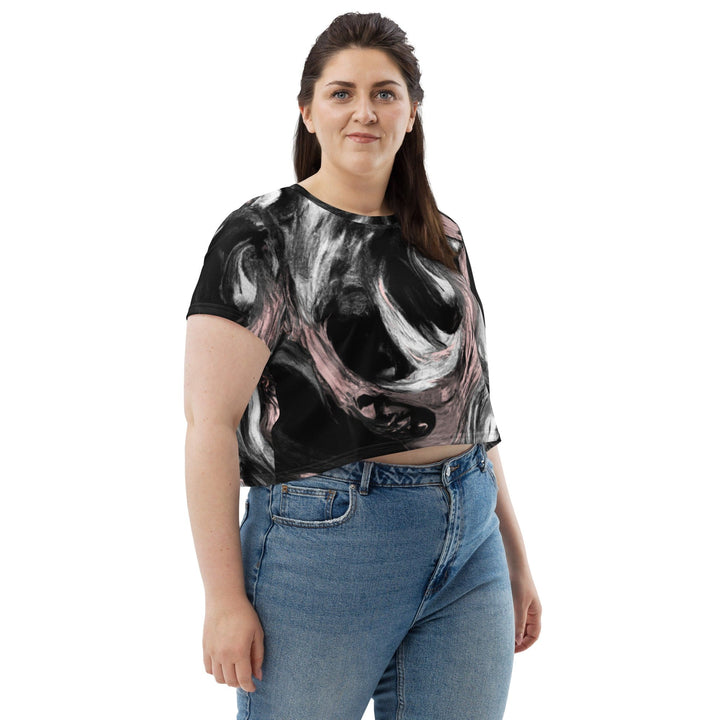 Womens Stretch Fit Crop Tee T-shirt Jersey - Black Pink White Abstract Pattern