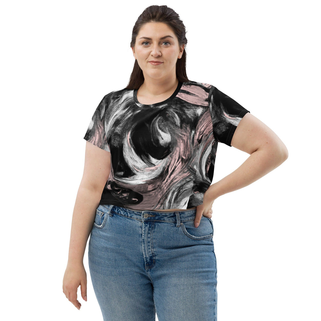 Womens Stretch Fit Crop Tee T-shirt Jersey - Black Pink White Abstract Pattern