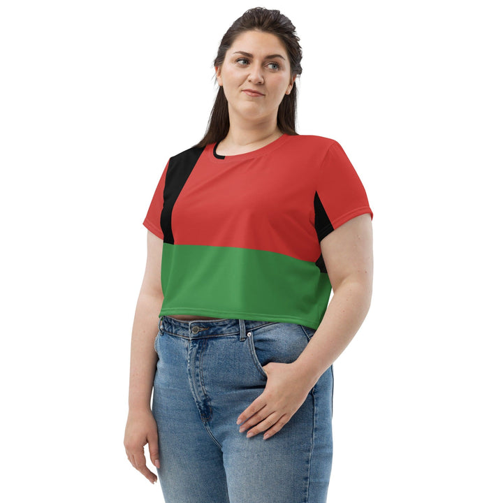 Womens Stretch Fit Crop Tee T-shirt Jersey Black Red Green Stripped 4