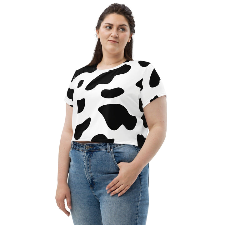 Womens Stretch Fit Crop Tee T-shirt Jersey - Black White Cow Print