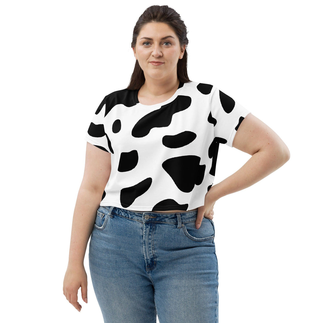 Womens Stretch Fit Crop Tee T-shirt Jersey - Black White Cow Print
