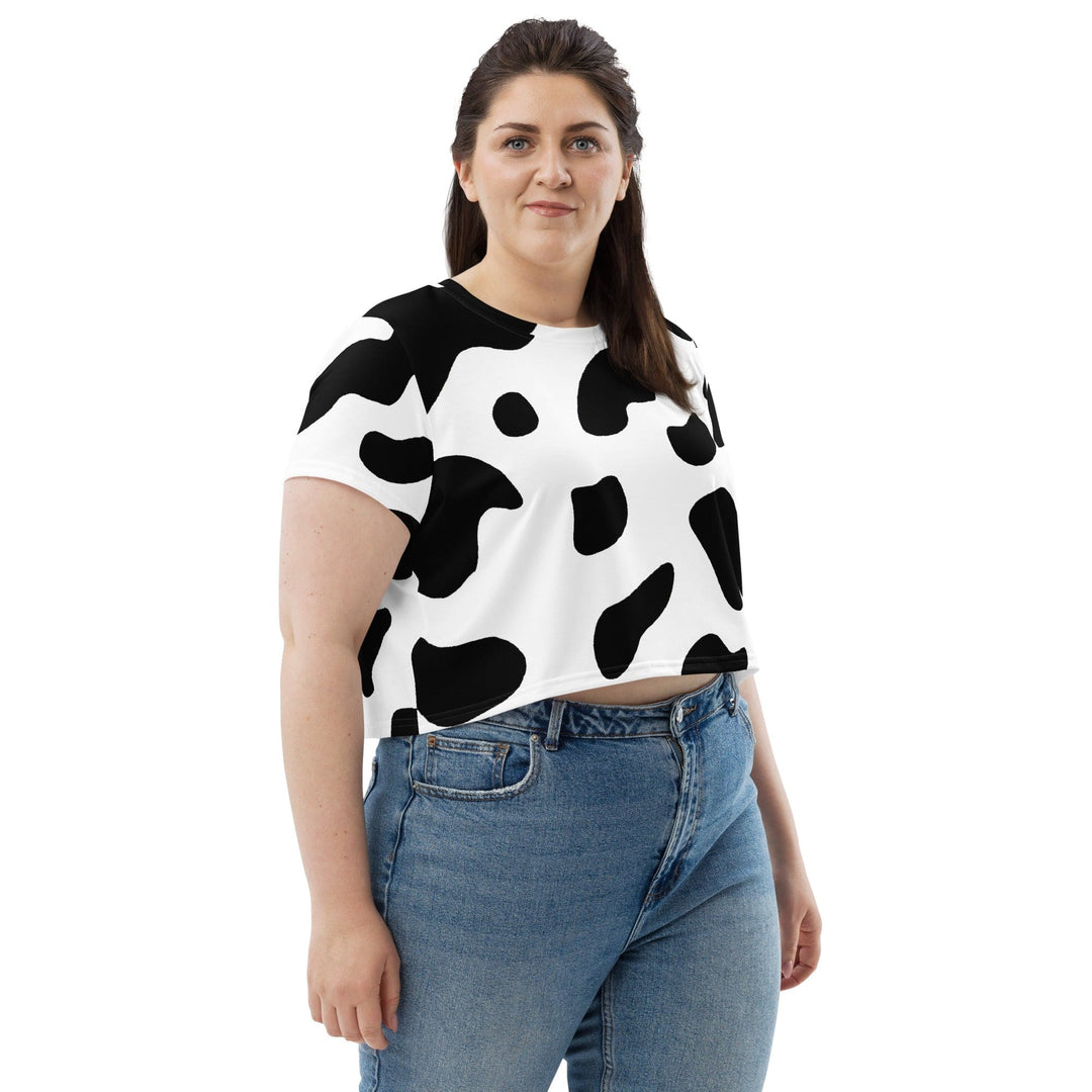 Womens Stretch Fit Crop Tee T-shirt Jersey - Black White Cow Print