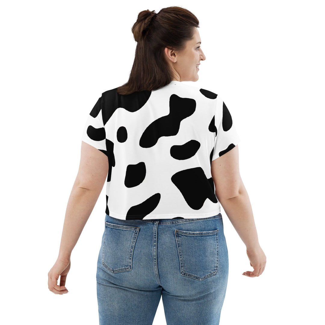 Womens Stretch Fit Crop Tee T-shirt Jersey - Black White Cow Print