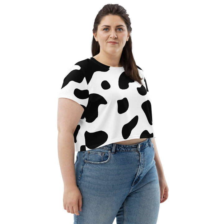 Womens Stretch Fit Crop Tee T-shirt Jersey - Black White Cow Print