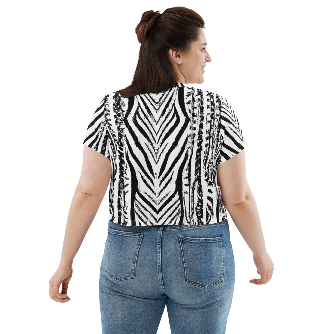 Womens Stretch Fit Crop Tee T-shirt Jersey - Black White Native Print
