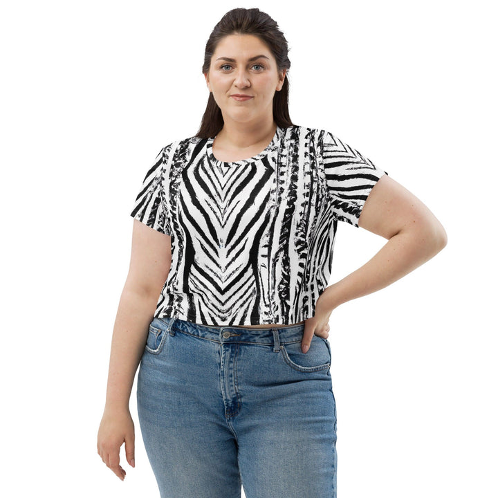 Womens Stretch Fit Crop Tee T-shirt Jersey - Black White Native Print
