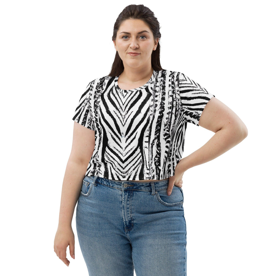 Womens Stretch Fit Crop Tee T-shirt Jersey - Black White Native Print