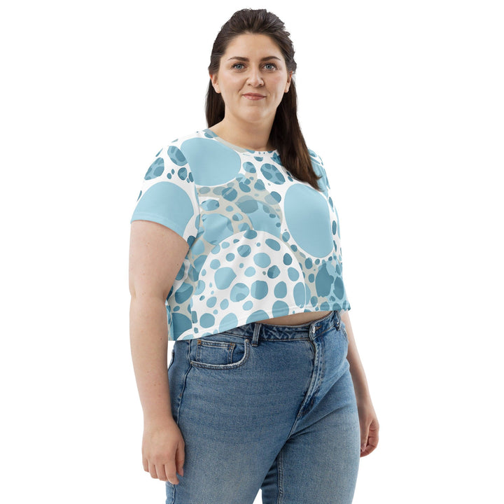 Womens Stretch Fit Crop Tee T-shirt Jersey - Blue and White Circular Spotted