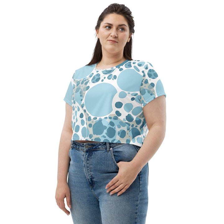 Womens Stretch Fit Crop Tee T-shirt Jersey - Blue and White Circular Spotted