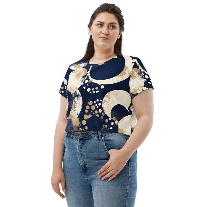 Womens Stretch Fit Crop Tee T-shirt Jersey - Blue Beige Spotted Print