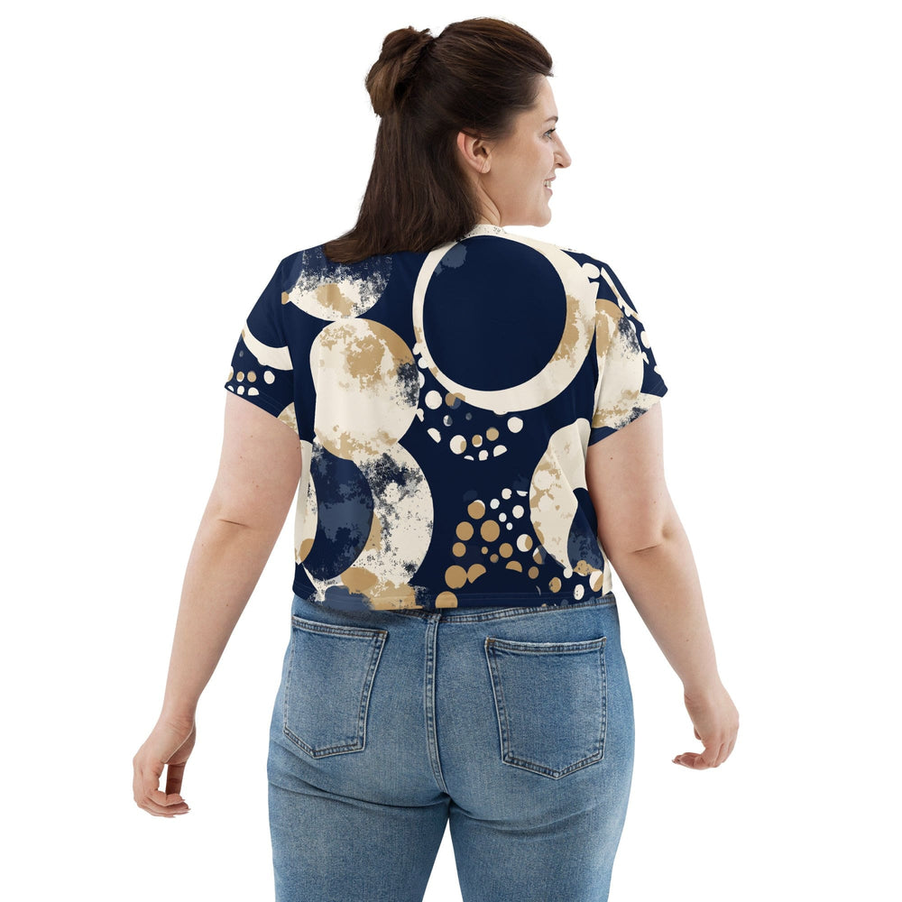 Womens Stretch Fit Crop Tee T-shirt Jersey - Blue Beige Spotted Print