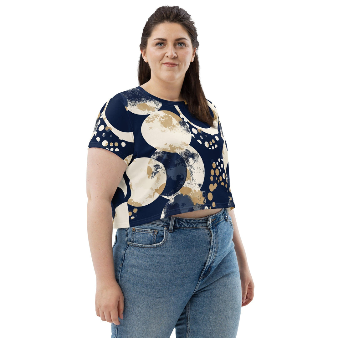 Womens Stretch Fit Crop Tee T-shirt Jersey - Blue Beige Spotted Print