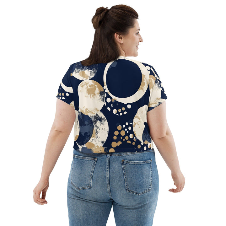 Womens Stretch Fit Crop Tee T-shirt Jersey - Blue Beige Spotted Print