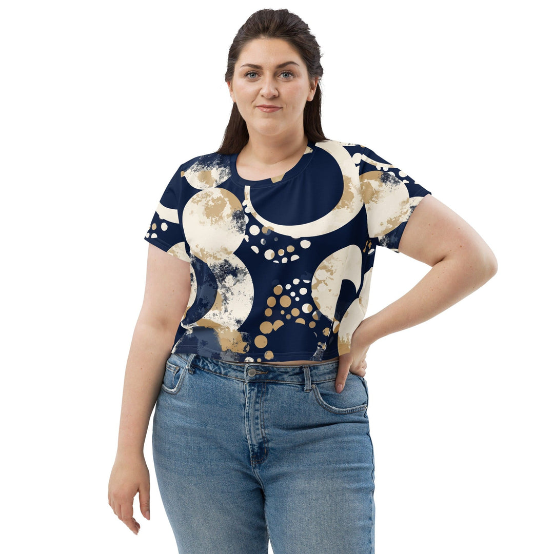 Womens Stretch Fit Crop Tee T-shirt Jersey - Blue Beige Spotted Print