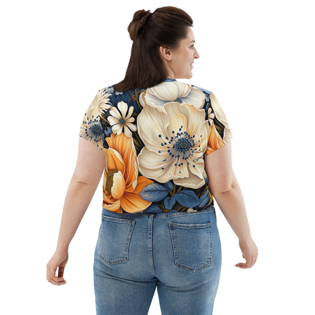 Womens Stretch Fit Crop Tee T-shirt Jersey - Floral Blue Print