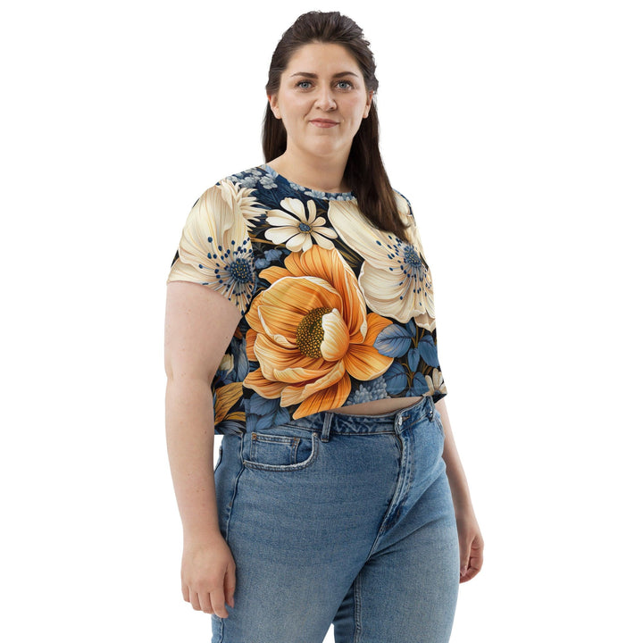 Womens Stretch Fit Crop Tee T-shirt Jersey - Floral Blue Print