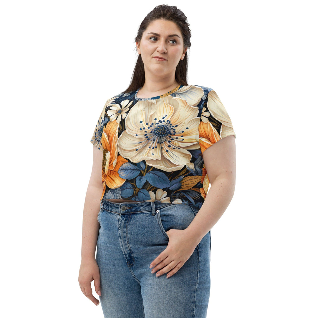 Womens Stretch Fit Crop Tee T-shirt Jersey - Floral Blue Print