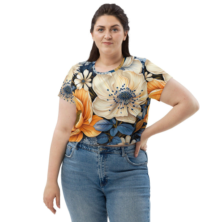 Womens Stretch Fit Crop Tee T-shirt Jersey - Floral Blue Print