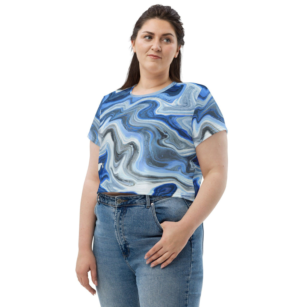 Womens Stretch Fit Crop Tee T-shirt Jersey - Blue Grey Marble Print