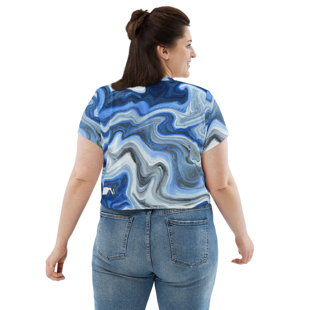 Womens Stretch Fit Crop Tee T-shirt Jersey - Blue Grey Marble Print