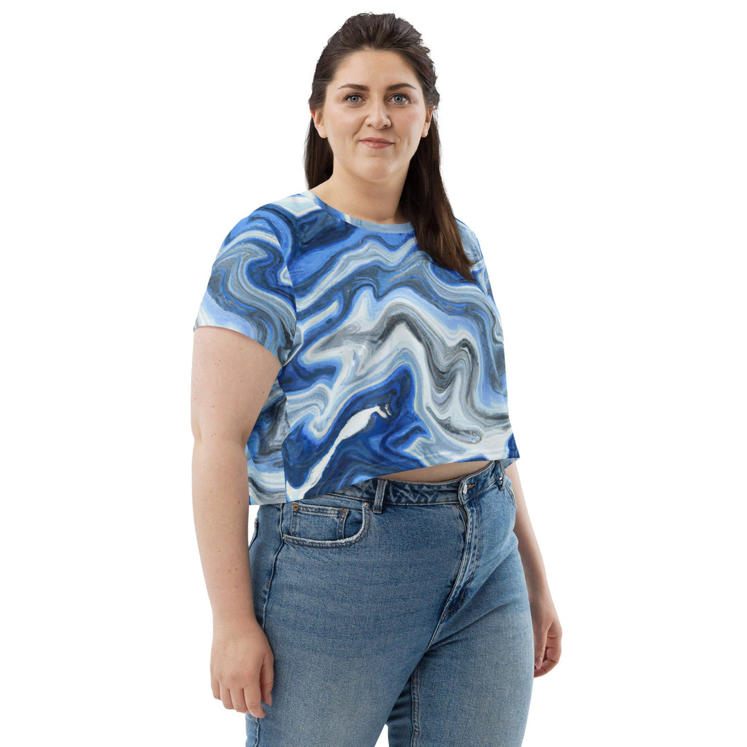 Womens Stretch Fit Crop Tee T-shirt Jersey - Blue Grey Marble Print