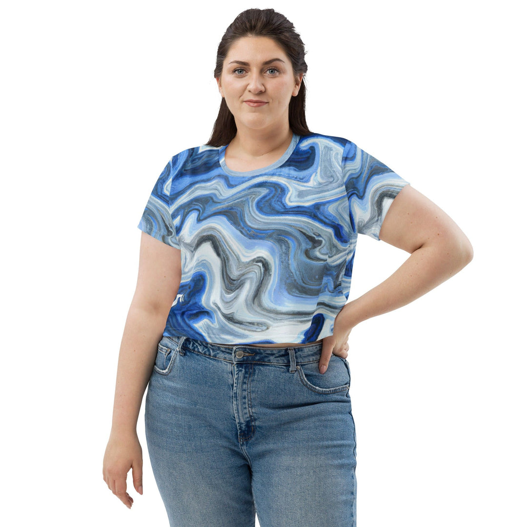 Womens Stretch Fit Crop Tee T-shirt Jersey - Blue Grey Marble Print
