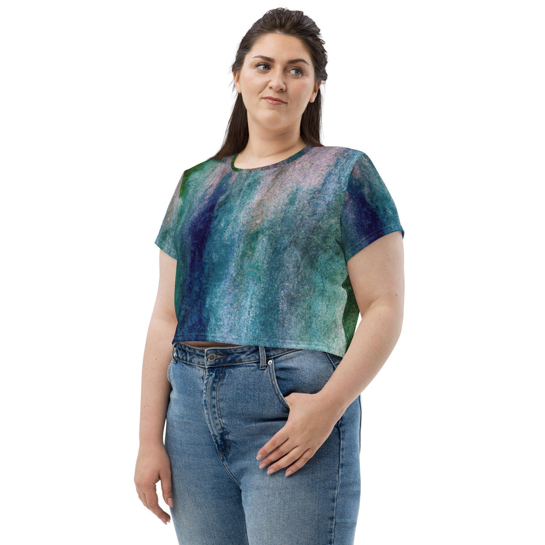 Womens Stretch Fit Crop Tee T-shirt Jersey - Blue Hue Watercolor Abstract Print