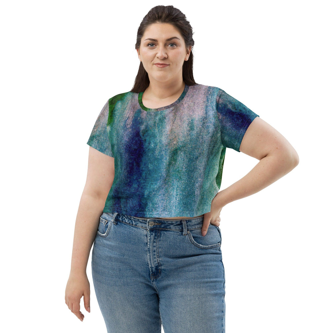 Womens Stretch Fit Crop Tee T-shirt Jersey - Blue Hue Watercolor Abstract Print