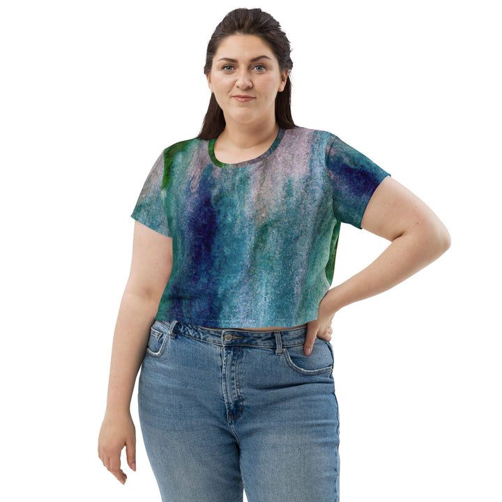 Womens Stretch Fit Crop Tee T-shirt Jersey - Blue Hue Watercolor Abstract Print