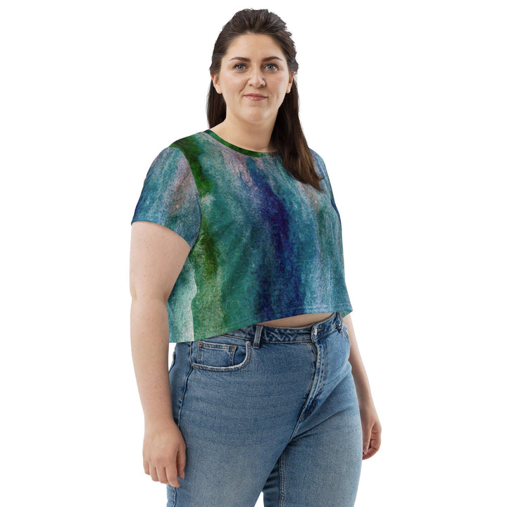 Womens Stretch Fit Crop Tee T-shirt Jersey - Blue Hue Watercolor Abstract Print