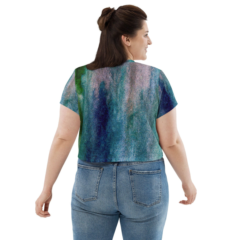 Womens Stretch Fit Crop Tee T-shirt Jersey - Blue Hue Watercolor Abstract Print