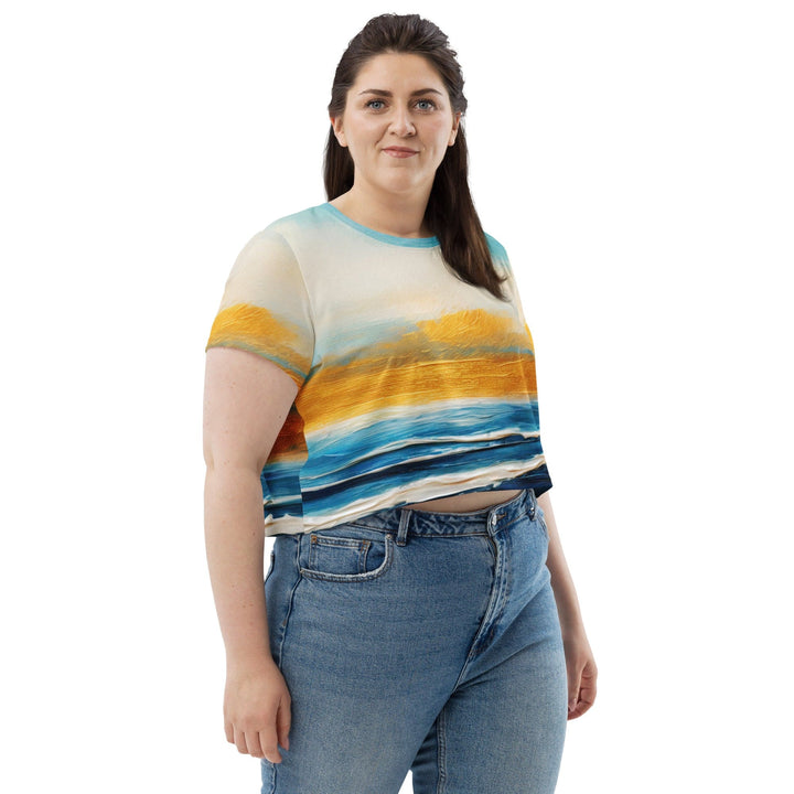 Womens Stretch Fit Crop Tee T-shirt Jersey - Blue Ocean Golden Sunset Print