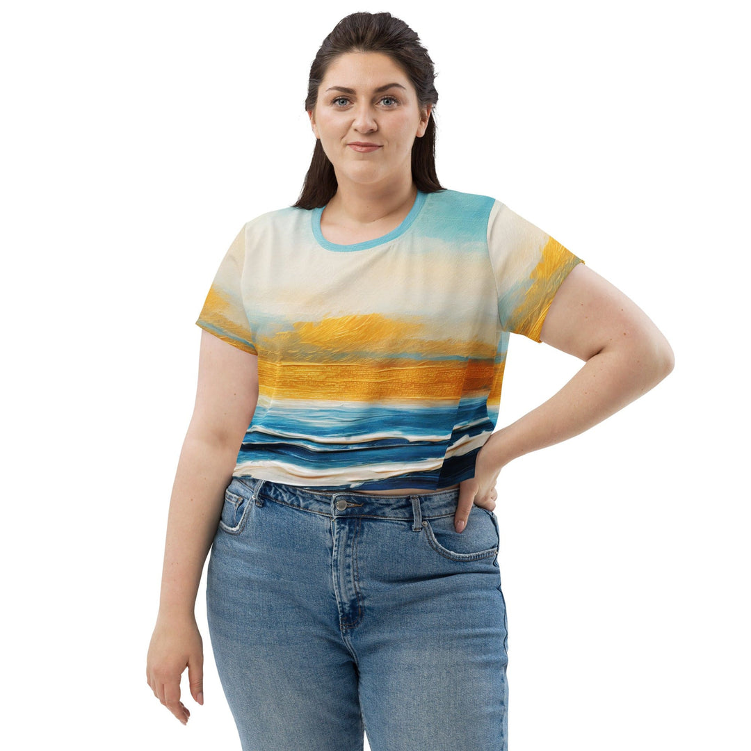 Womens Stretch Fit Crop Tee T-shirt Jersey - Blue Ocean Golden Sunset Print