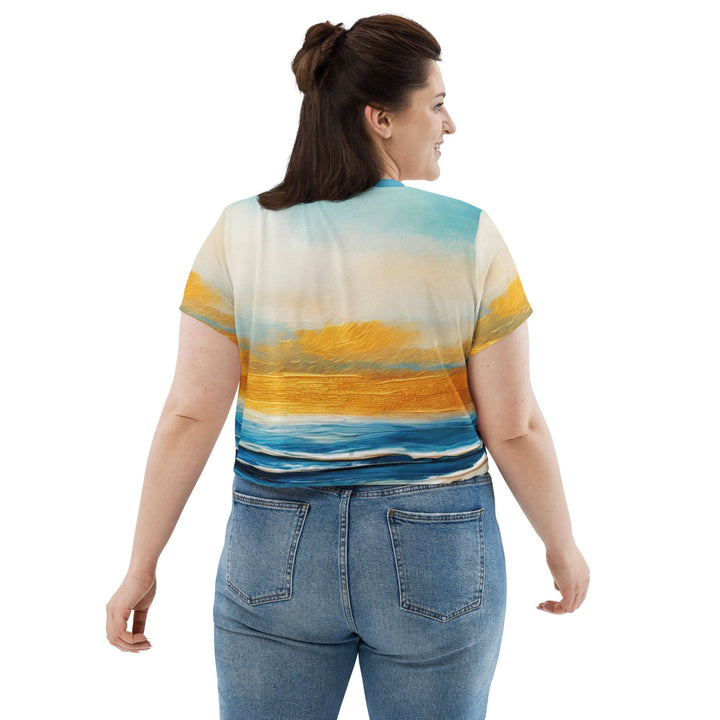 Womens Stretch Fit Crop Tee T-shirt Jersey - Blue Ocean Golden Sunset Print