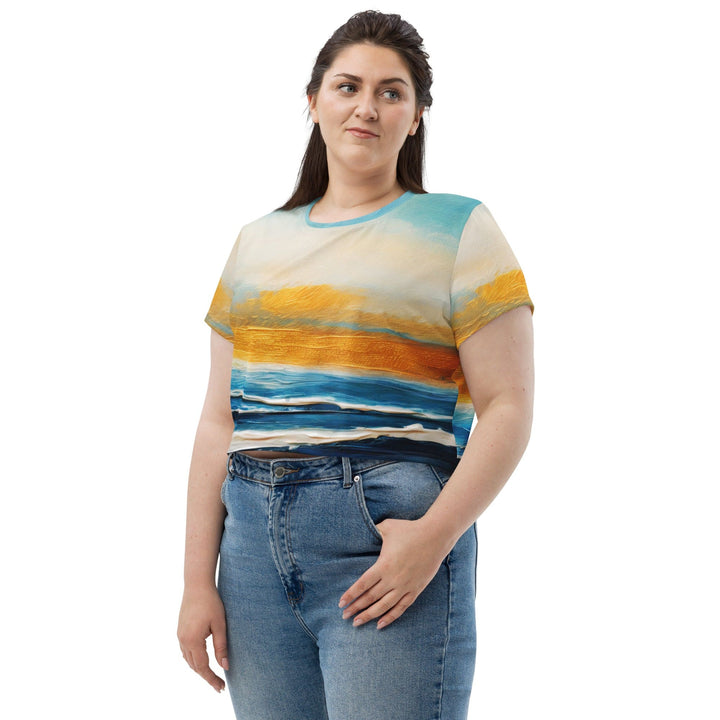 Womens Stretch Fit Crop Tee T-shirt Jersey - Blue Ocean Golden Sunset Print