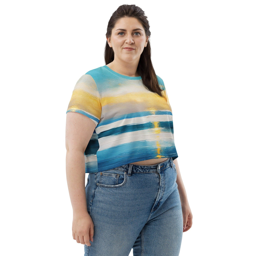 Womens Stretch Fit Crop Tee T-shirt Jersey - Blue Ocean Golden Sunset Print 3