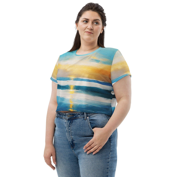 Womens Stretch Fit Crop Tee T-shirt Jersey - Blue Ocean Golden Sunset Print 3