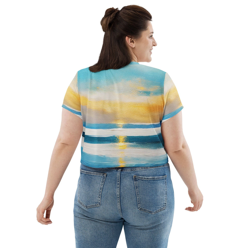 Womens Stretch Fit Crop Tee T-shirt Jersey - Blue Ocean Golden Sunset Print 3