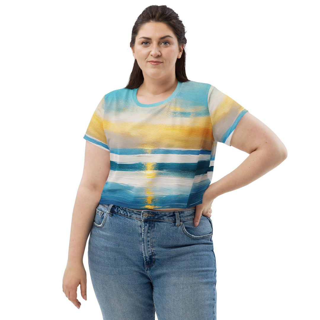 Womens Stretch Fit Crop Tee T-shirt Jersey - Blue Ocean Golden Sunset Print 3