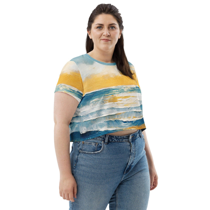 Womens Stretch Fit Crop Tee T-shirt Jersey - Blue Ocean Golden Sunset Print