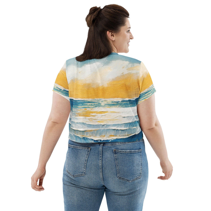 Womens Stretch Fit Crop Tee T-shirt Jersey - Blue Ocean Golden Sunset Print