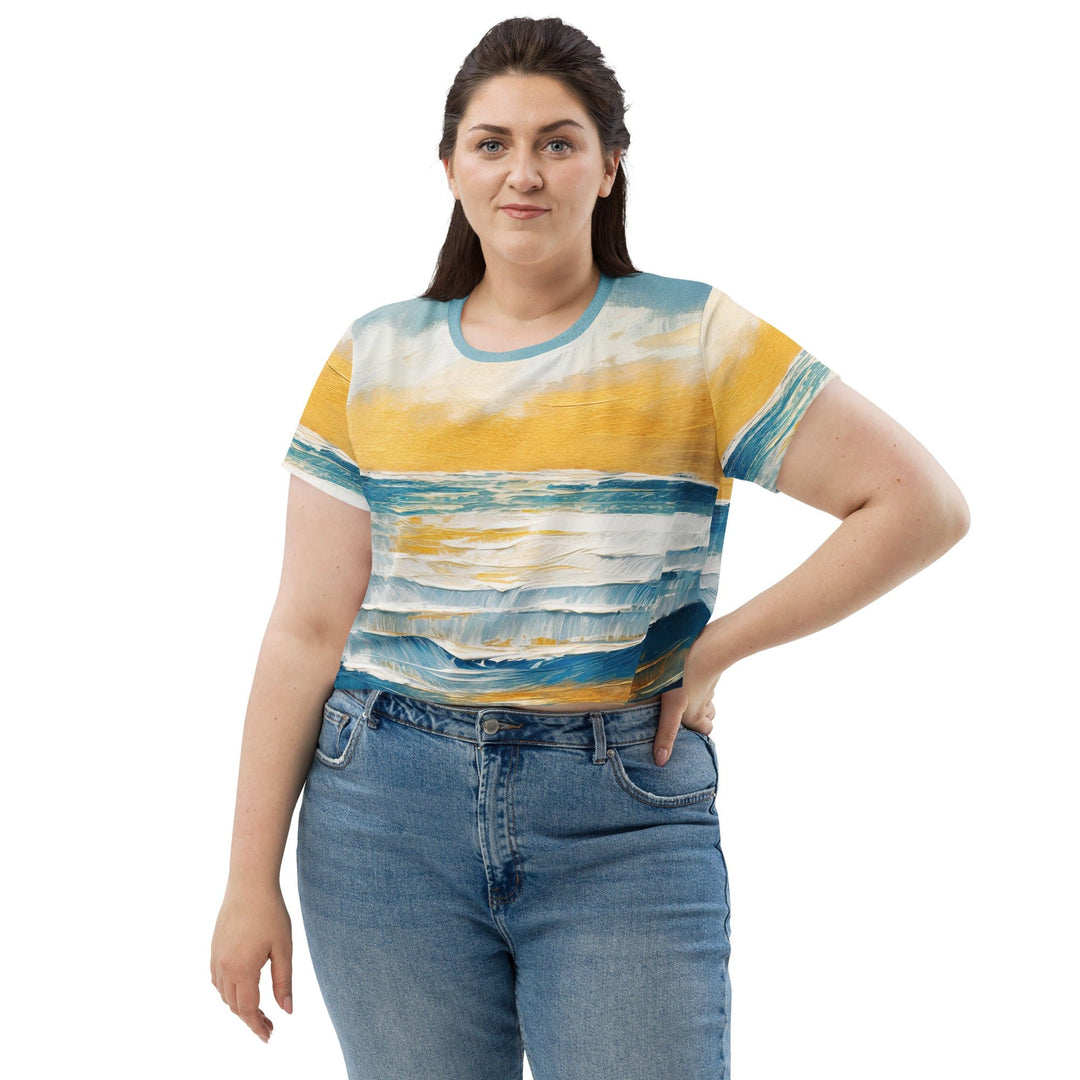 Womens Stretch Fit Crop Tee T-shirt Jersey - Blue Ocean Golden Sunset Print