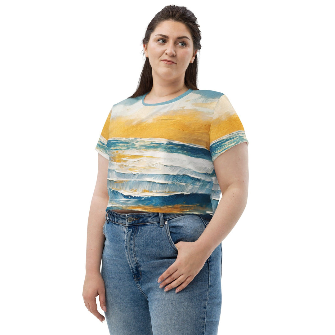 Womens Stretch Fit Crop Tee T-shirt Jersey - Blue Ocean Golden Sunset Print
