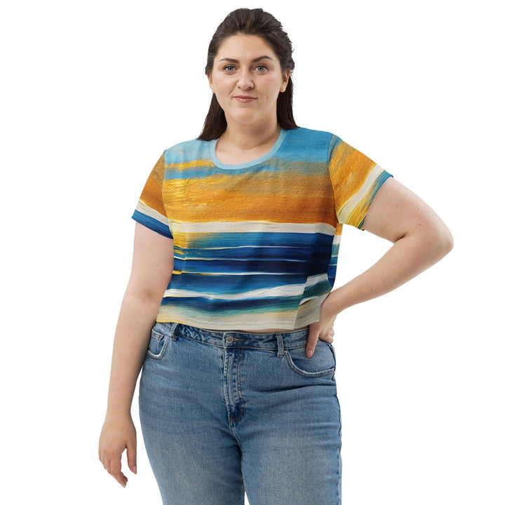 Womens Stretch Fit Crop Tee T-shirt Jersey - Blue Ocean Golden Sunset Print