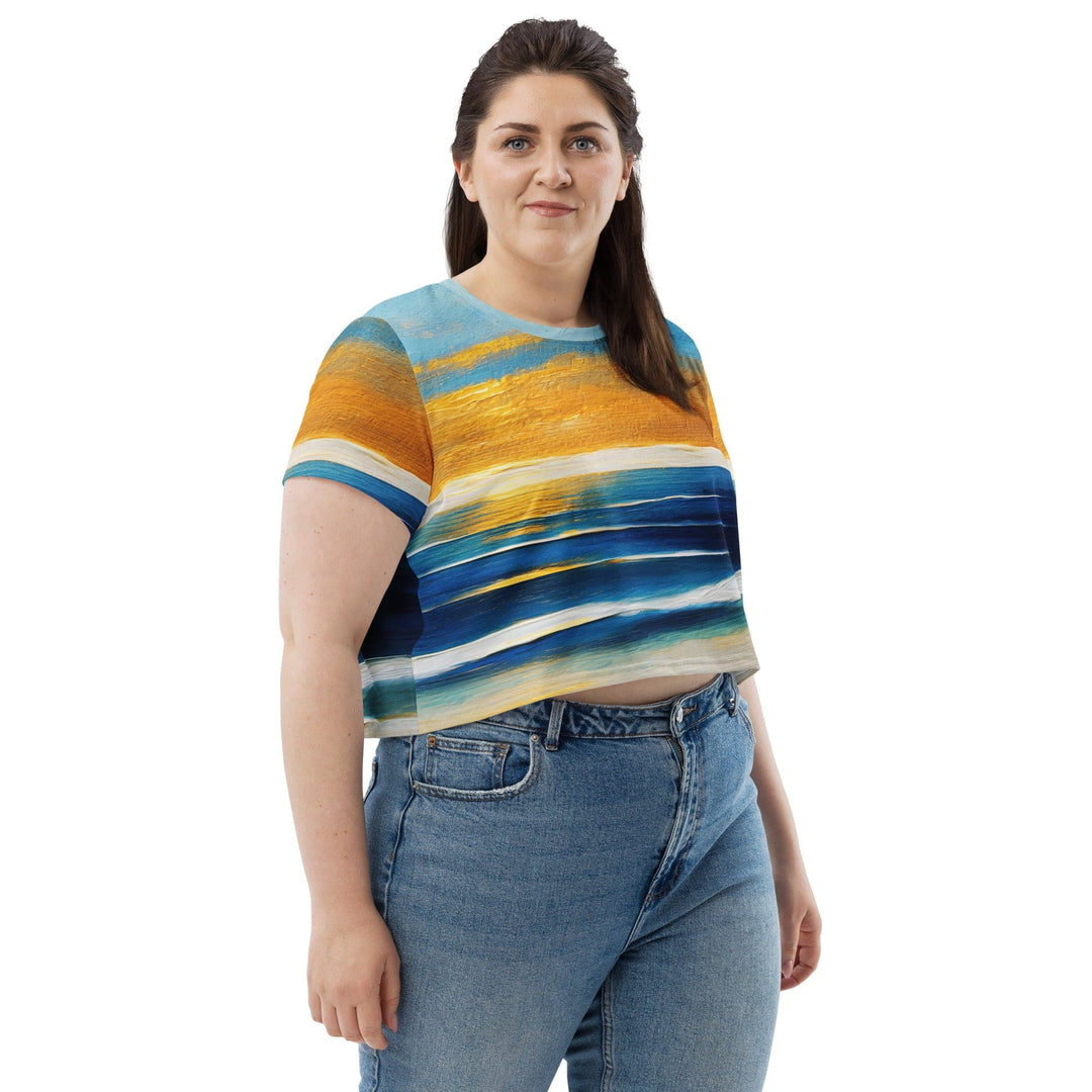 Womens Stretch Fit Crop Tee T-shirt Jersey - Blue Ocean Golden Sunset Print