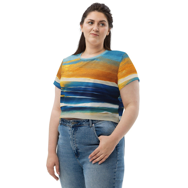 Womens Stretch Fit Crop Tee T-shirt Jersey - Blue Ocean Golden Sunset Print