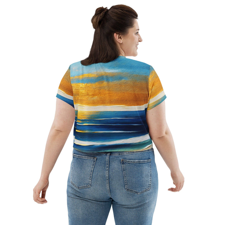 Womens Stretch Fit Crop Tee T-shirt Jersey - Blue Ocean Golden Sunset Print